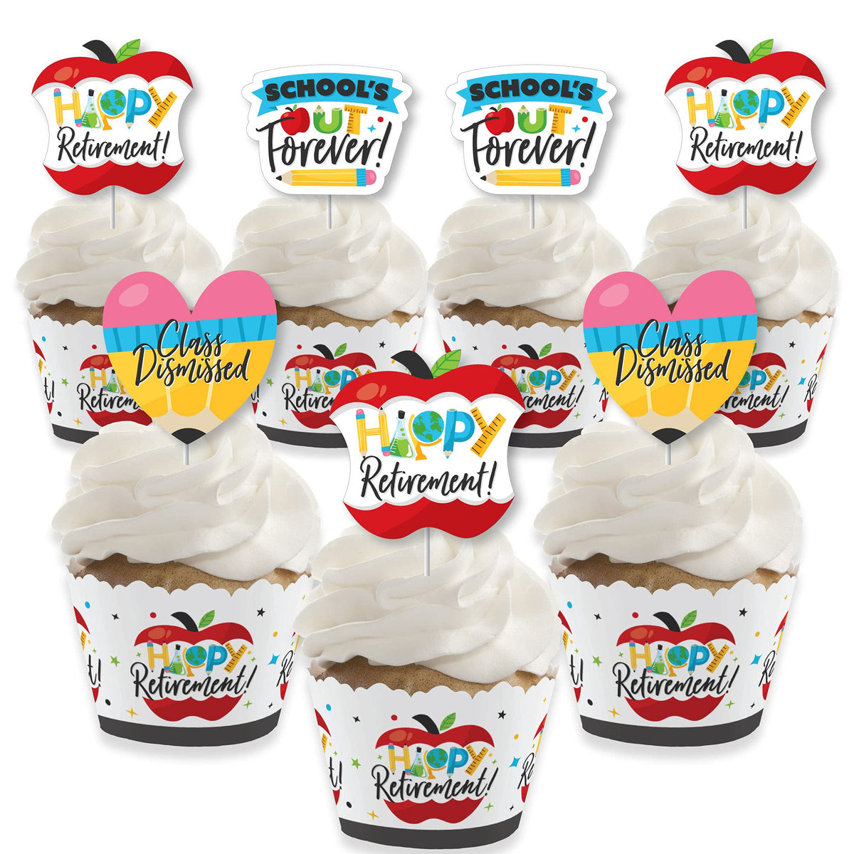 Big Dot of Happiness Teacher Retirement - Cupcake Decoration - Happy Retirement Party Cupcake Wrappers and Treat Picks Kit - Set of 24