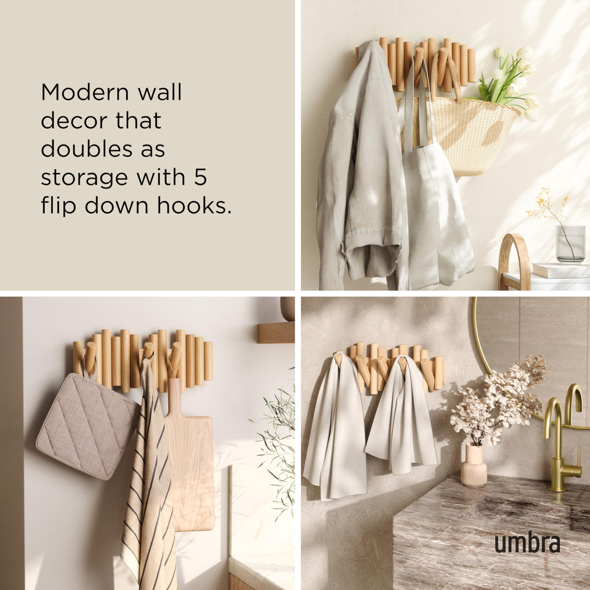 Umbra Picket Coat Rack Wall Mount – 5 Flip-Down Wood Coat Hooks, Modern & Functional Storage, Easy Install Wall Hooks, Natural