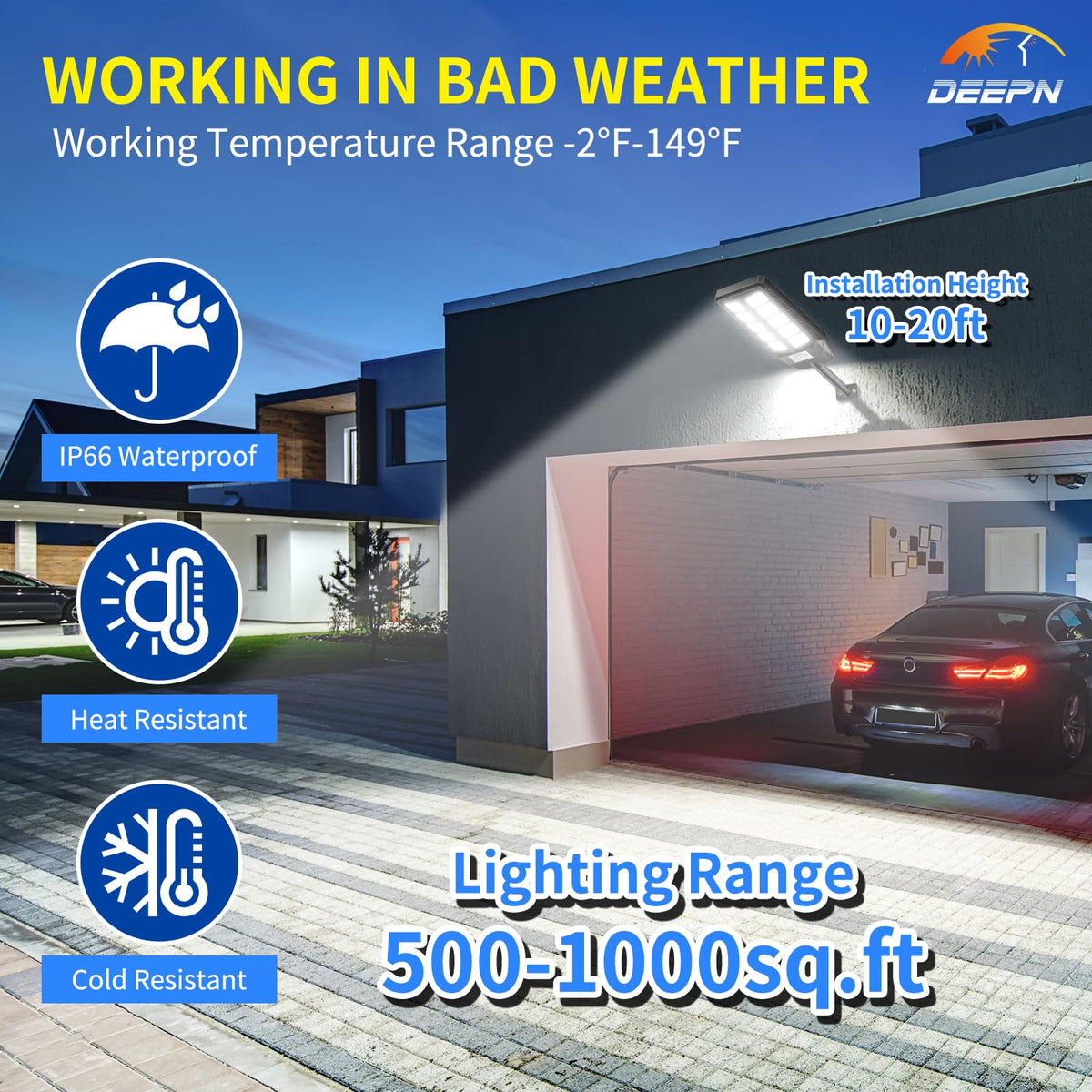 Deepn Solar Lights Outdoor, IP66 Waterproof Street Lights Outdoor, 6500K Dusk to Dawn Solar Security Flood Lights Motion Sensor with Remote Control for Yard, Entryway Garage, Porch 2 Pack