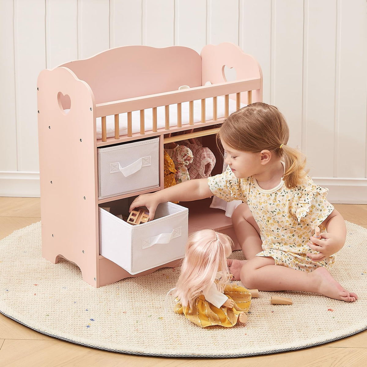 OOOK Baby Doll Crib, Wooden Baby Doll Bed and Changing Table, Dollhouse Furniture with Two Storage Box, Bedding and Coat Hangers, Nursery Playset Suitable for Dolls Under 22 Inches, Pink