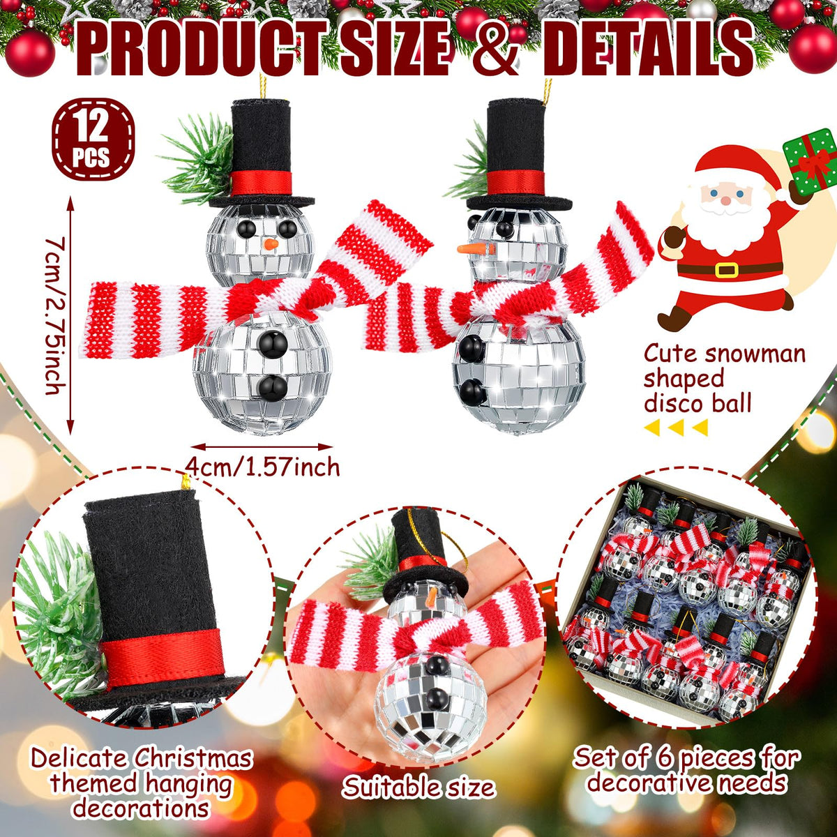 Quzzil 12 Pieces Christmas Snowman Hanging Disco Ball Decorations Reflective Mirror Snowman Hanging Ornaments with String Hats Disco Ball Decor for 70s Disco Themed Xmas Tree Wedding Party Supplies