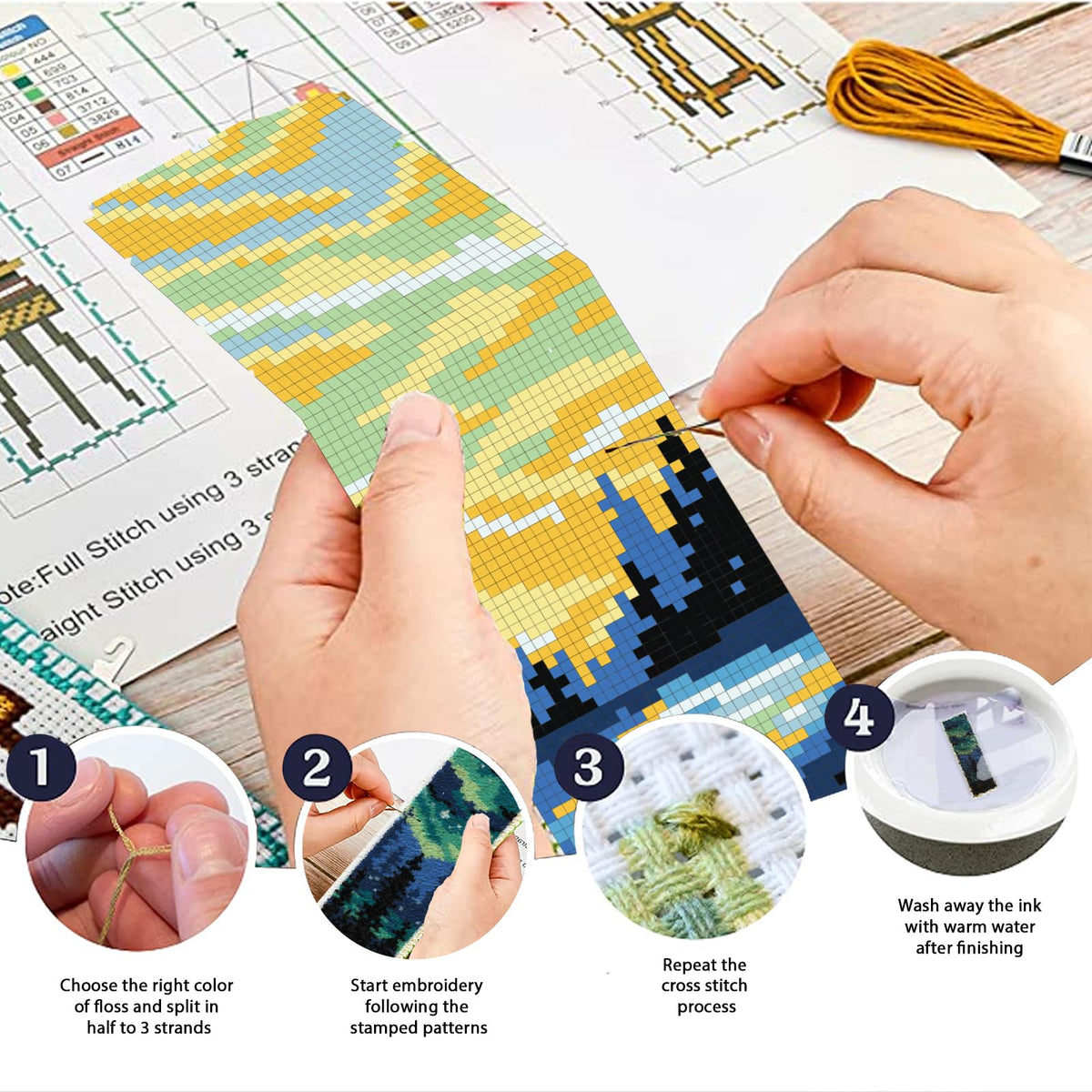 ACRNIGHEET 6PCS Cross Stitch Bookmark Kit for Adult Beginners Landscape Cross Stitch Kits DIY Crossstitch Kits Adult Stamped Bookmark Embroidery Bookmarks Kit with Instructions 8''x2.4'' 11CT