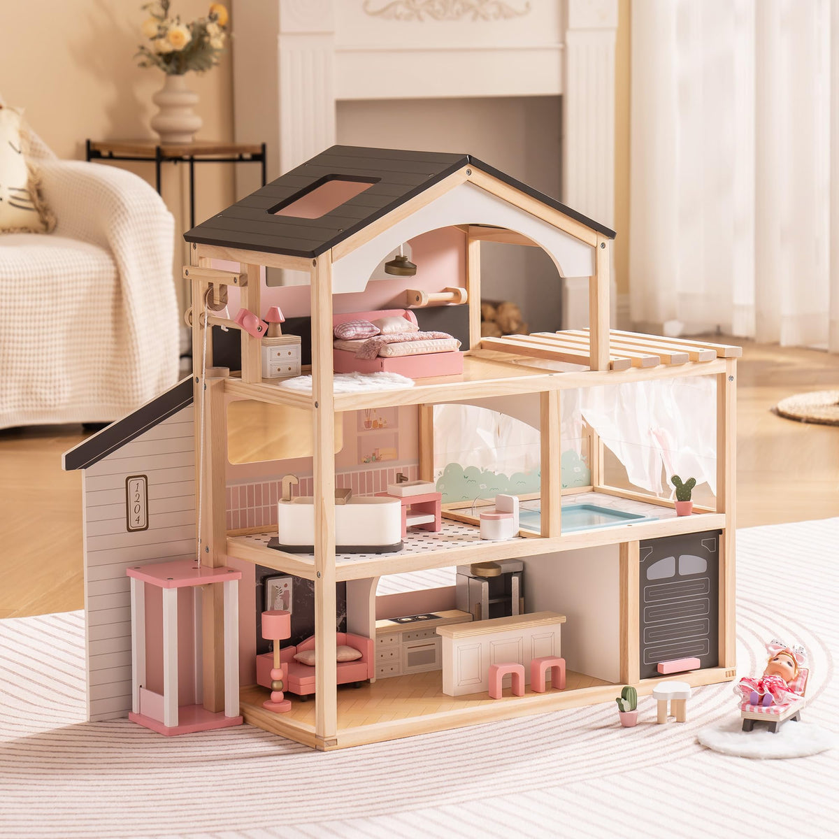 ROBOTIME Wooden Dollhouse, Doll House with 29 Pieces Furniture Set - Pool and Elevator, Wooden Doll House for 4, 5, 6-Inch Dolls, 6 Rooms Pink Dollhouse Gift for Kids Girls Ages 3+ (Black)