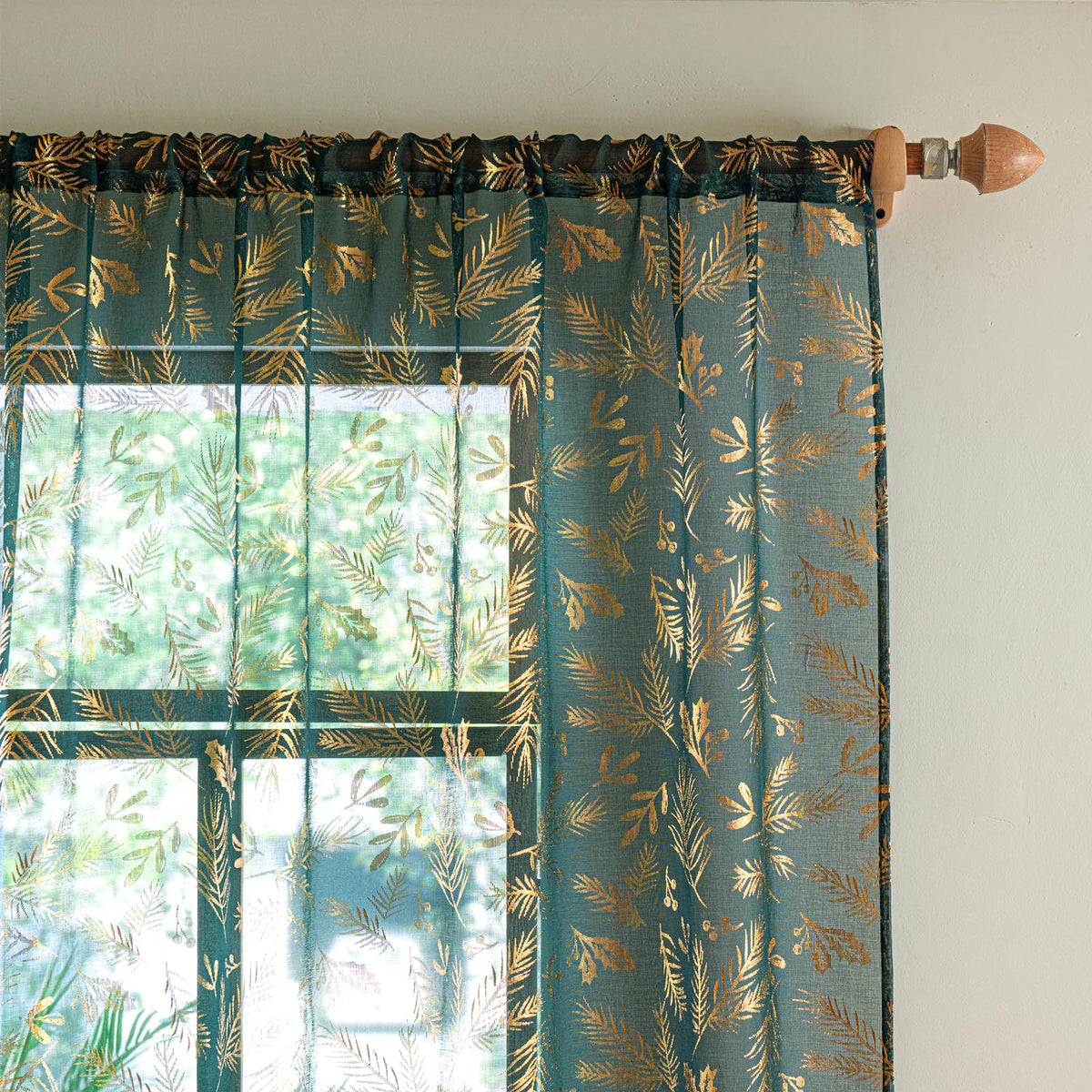 Deeprove Emerald Green Sheer Curtains 84 inches Long 2 Panels for Bedroom Living Room Xmas Decor Gliter Luxury Metallic Gold Foil Leaf Print Golden Window Treatments Pair Set, W52 x L84 Inch