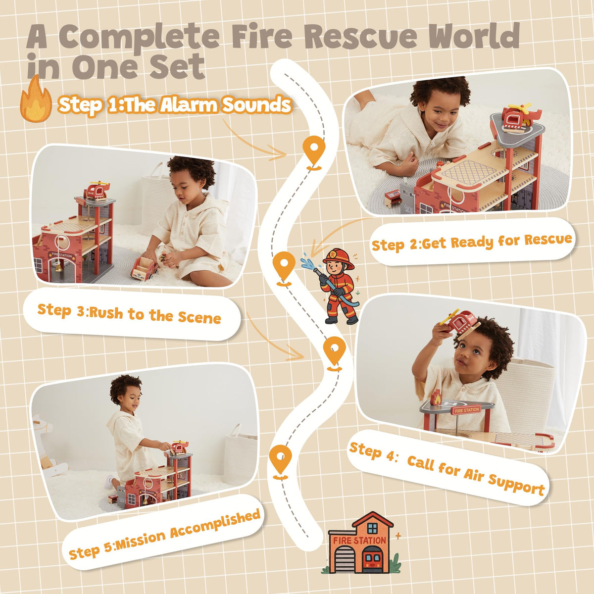 Freniland Wooden Fire Station Playset, 4-Level Pretend Play Firehouse with Fire Truck, Helicopter, Figures & Accessories, Educational Role Play Toy for Toddlers Kids Age 3+