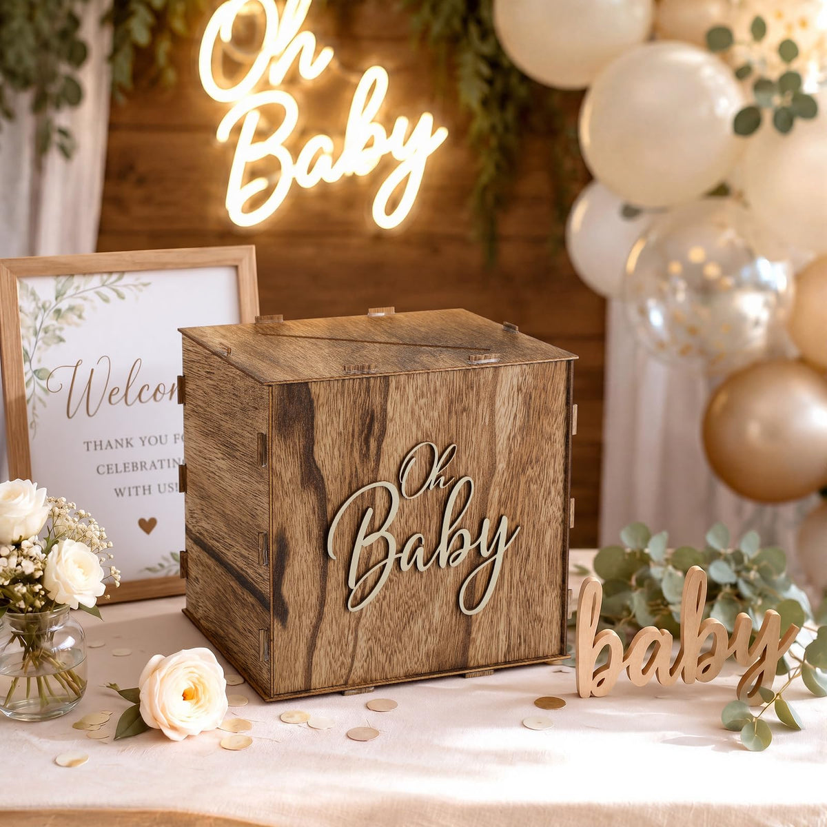 Bucherry Rustic Wooden Baby Shower Card Box Favors, 8.7 x 8.7 x 8.7 Inch Receiving Money Holder Card Box with Slot for Baby Showers, Birthday Party Table Centerpiece Decorations