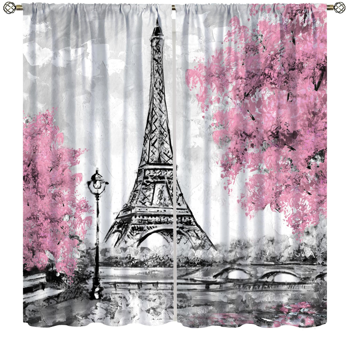Eiffel Tower Curtains Pink Scene Romantic Decor Paris Eiffel Tower Cityscape Rod Pocket Window Treatments for Girls Women Bedroom Living Room 2 Panels 41" x 45" （No Blackout）