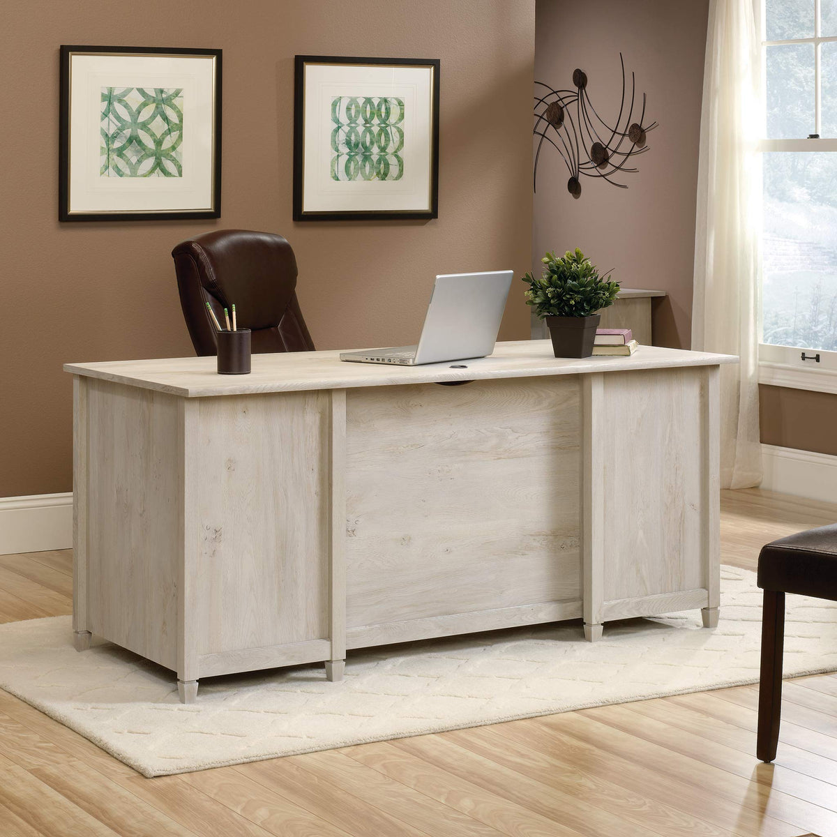 Sauder Edge Water Executive Desk, Chalked Chestnut, 65" Home Office Desk with Storage