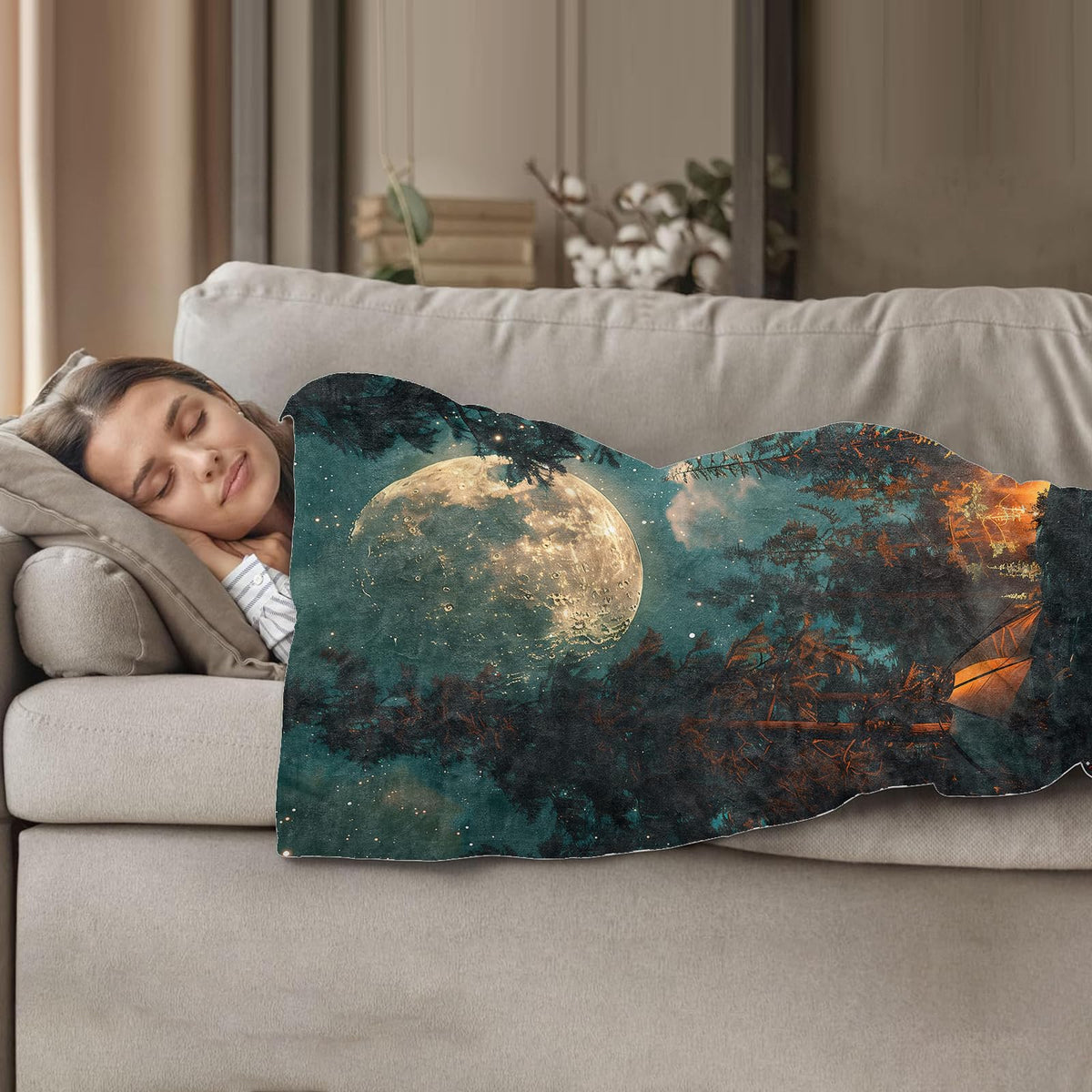 Plistiz Camping Throw Blanket 50x60, Moonlit Night Design Blankets for Living Room Decor, Cozy Warm Flannel Outdoor Adventure Gifts for Adults and Kids