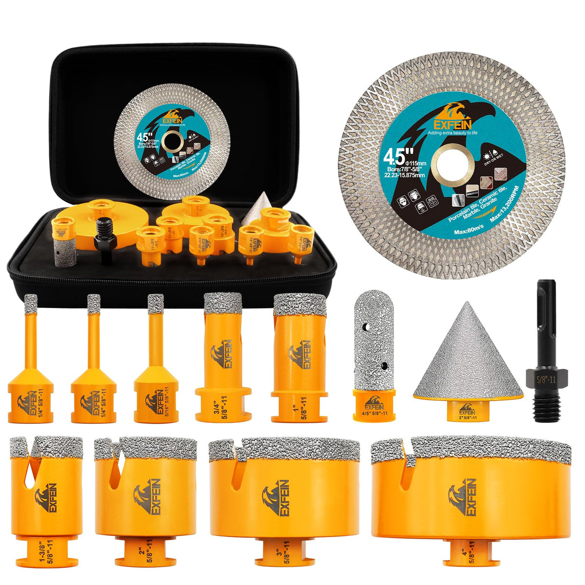 EXFEIN Diamond Tile Hole Saw Kit 13pcs - 6/6/8/19/25/35/50/75/102mm Core Drill Bits and EXFEIN Tile Drill Bits Kit 6mm 5pcs