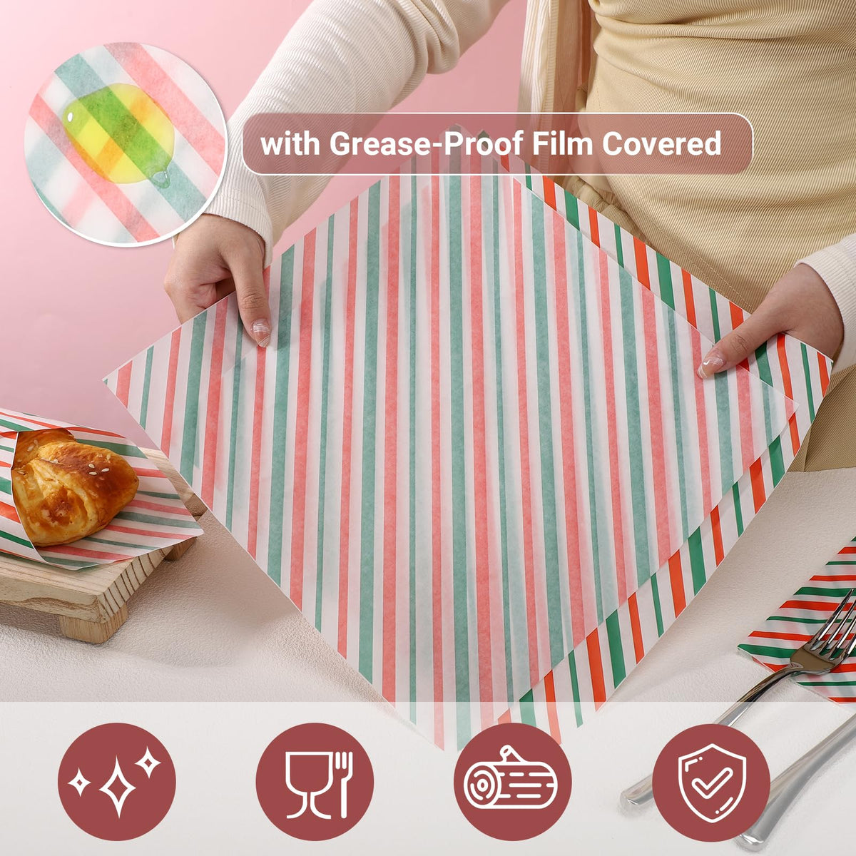 EUSOAR Food Basket Liners, 200 Sheets 11.8" x 11.8" Deli Food Wax Sandwich Wrapping Paper, Grease Resistant Precut Baking Parchment Paper Sheets for Christmas Party, Festival and Picnic
