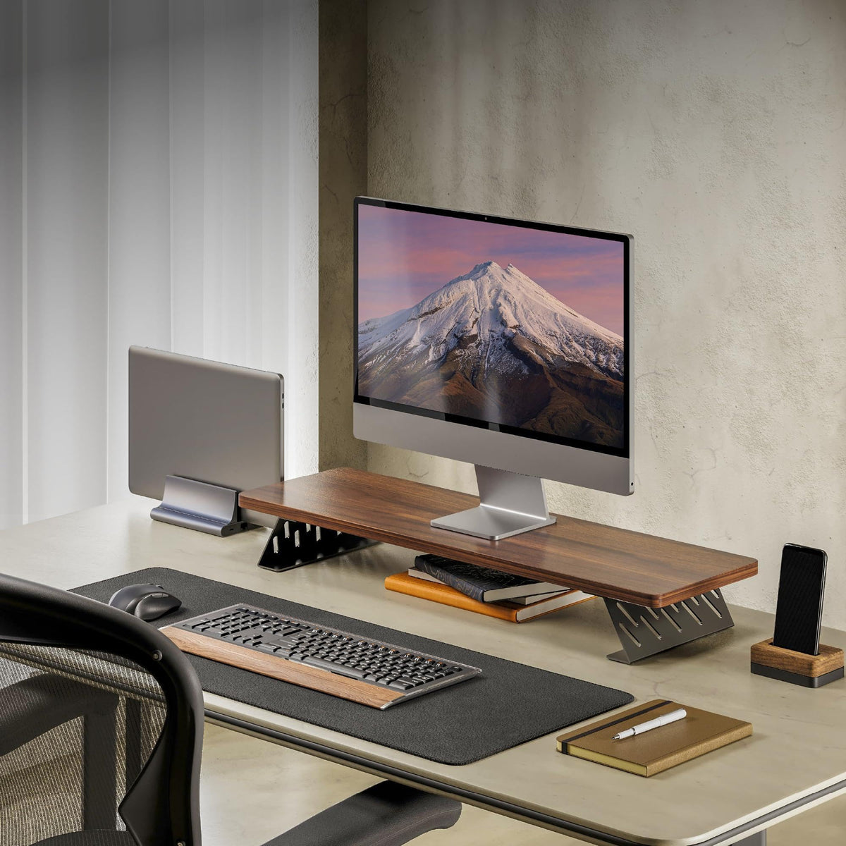 Fenge Monitor Stand Riser, 31.5 Inch Desk Top Shelf for 2 Monitors, Computer Stands for Desk, Wood & Steel Desktop Riser for Laptop, PC, Printer