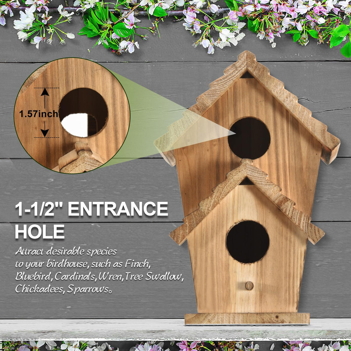 Bird Houses for Outside, Wooden Outdoor 2 Hole Bird House, Can Accommodate 2 Bird Families Suitable for Bluebird,Finch,Cardinals, Garden Hanging Birdhouse No Assembly Required