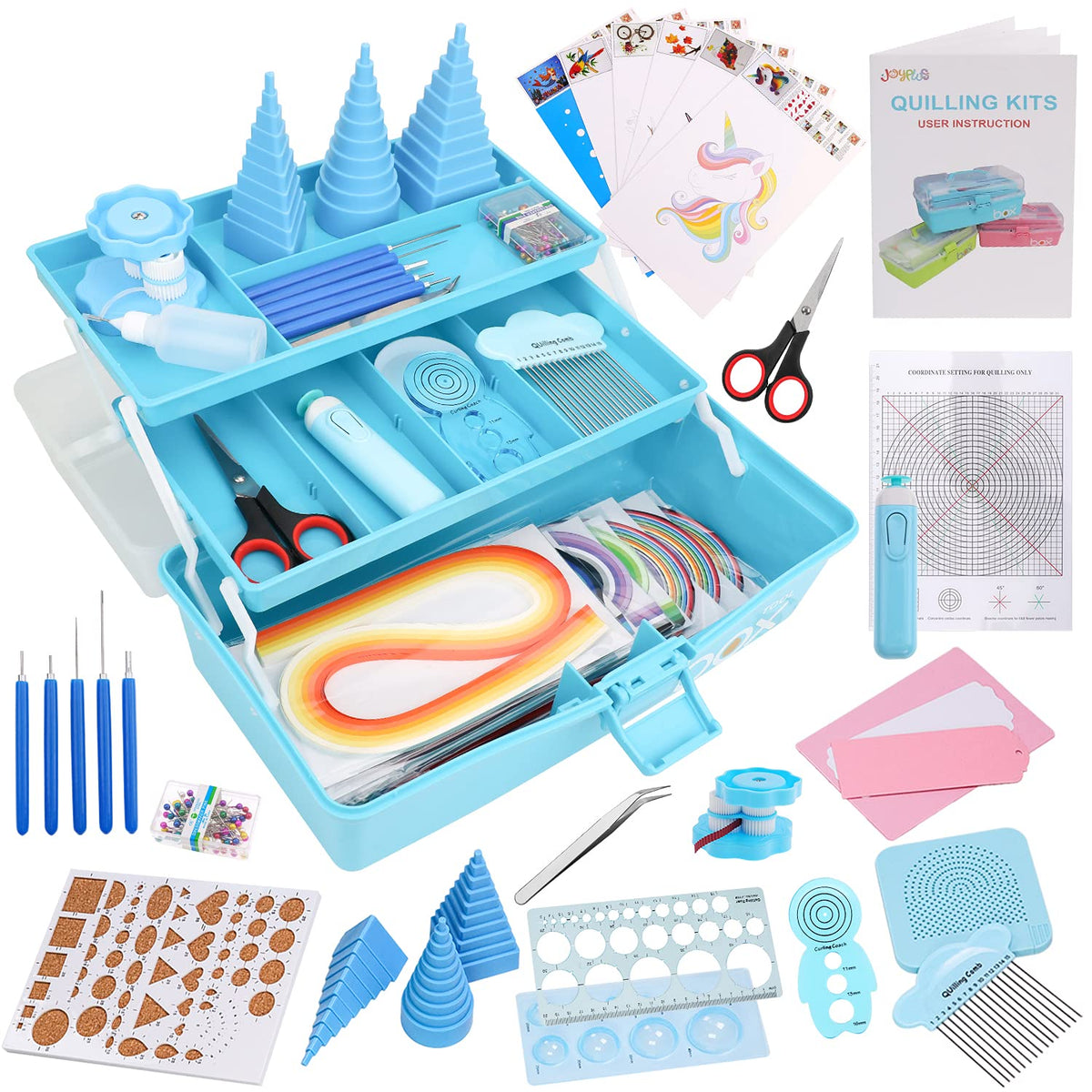 JoyPlus Quilling Kits for Beginners with Manual, 24 Tools & Supplies with Durable Storage Box, Updated Paper Crimper Tool, Premium Husking Board & Electronic Pen Blue