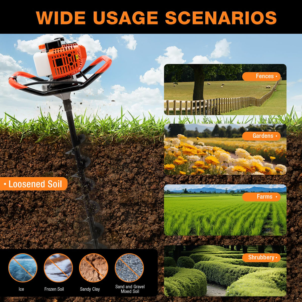 Auger Post Hole Digger 52cc-2 Stroke Gas Powered Earth Digger Garden Fence Plant Soil Digging Tool with Drill Bits (4'', 6" & 8") and Extension Rods