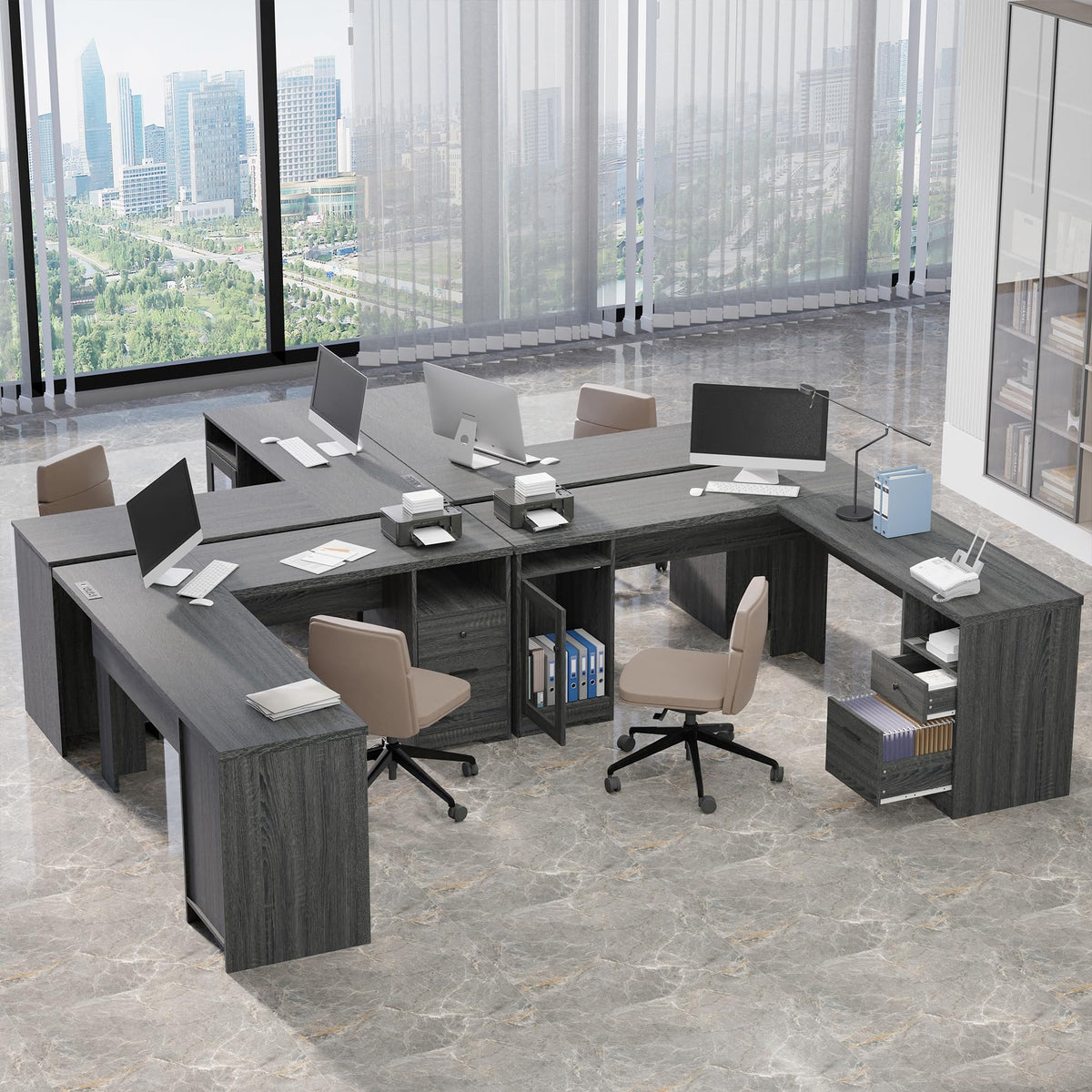 MU L Shaped Desk with File Cabinet, Corner Computer Desk with Storage Drawers, Large Home Office Table with Power Outlets, 60 Inch (Grey)
