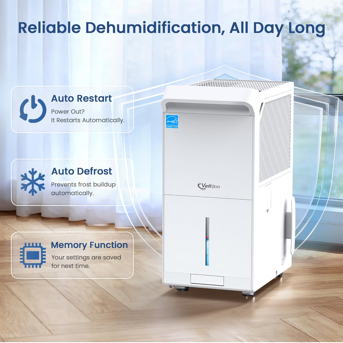 Vellgoo 6,000 Sq.Ft ENERGY STAR Most Efficient 2025 Dehumidifier for Basement, Max 140 Pint/Day Large Capacity Dehumidifier with Drain Hose, for Home, Large Rooms, Garage