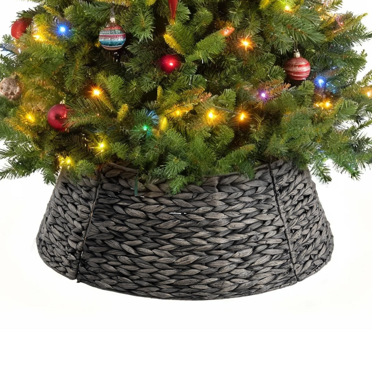 DUMOS 24in Christmas Tree Collar for 4-7ft Trees, Handcrafted Woven Hyacinth Rattan 4-Panel w/Cord Access Hole & Easy Lock Design, Holiday Decor, Black