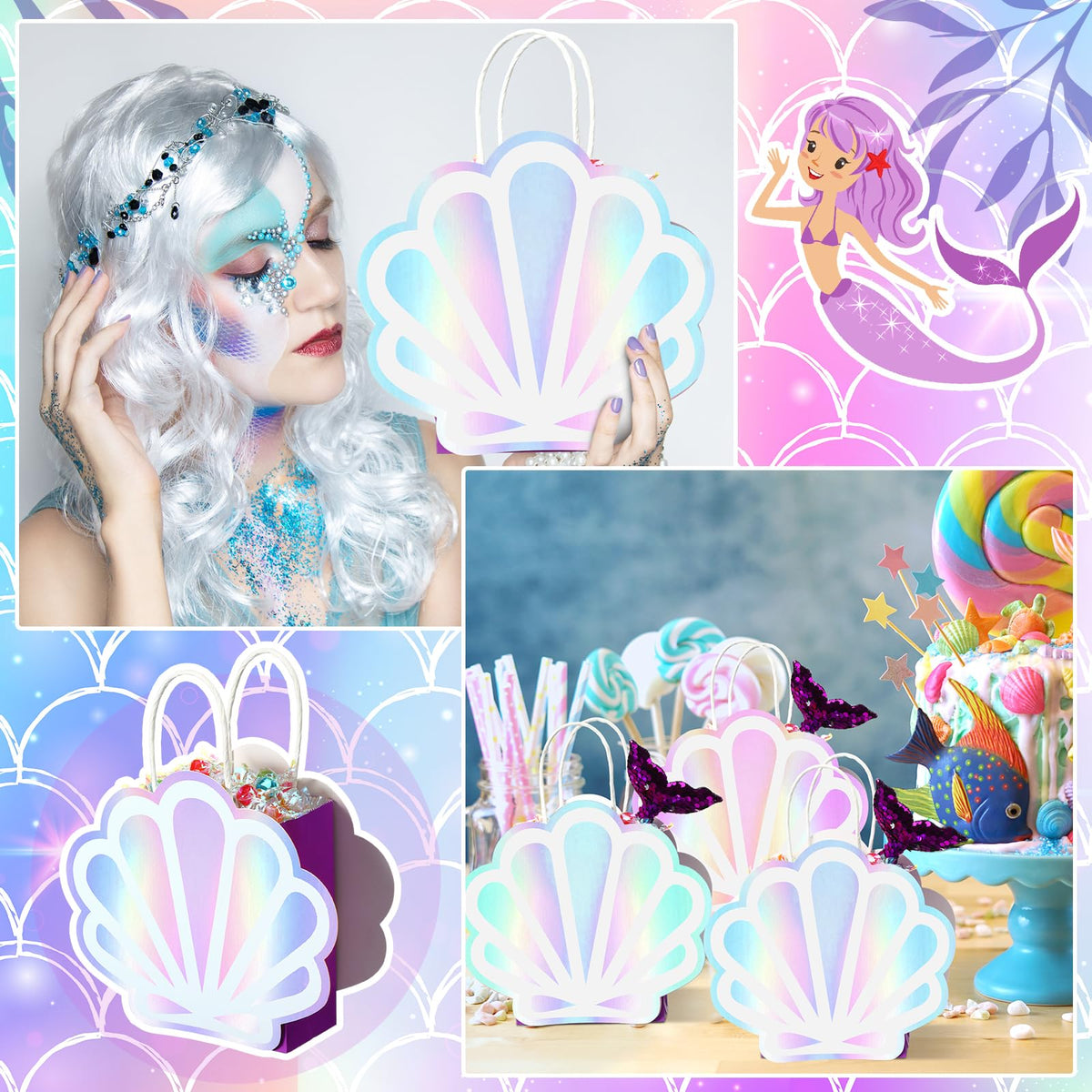 Locmeo 12 Pack Holographic Sea Shell Gift Bags Mermaid Party Favor Bags with Iridescent Shell Paper Cards for Mermaid Themed Supplies Ocean Under The Sea Party Favors
