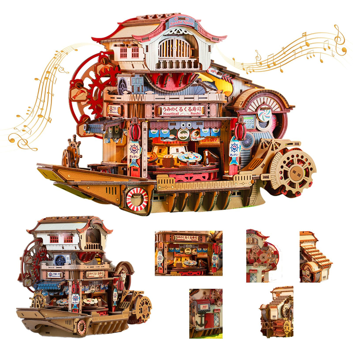 Nautical Sushi 3D Puzzles for Adults, 425PCS Wooden Mechanical Model Building Kit with Music and Lights, Miniature House Kit, Unique Home Decor Craft Gifts for Christmas Birthday