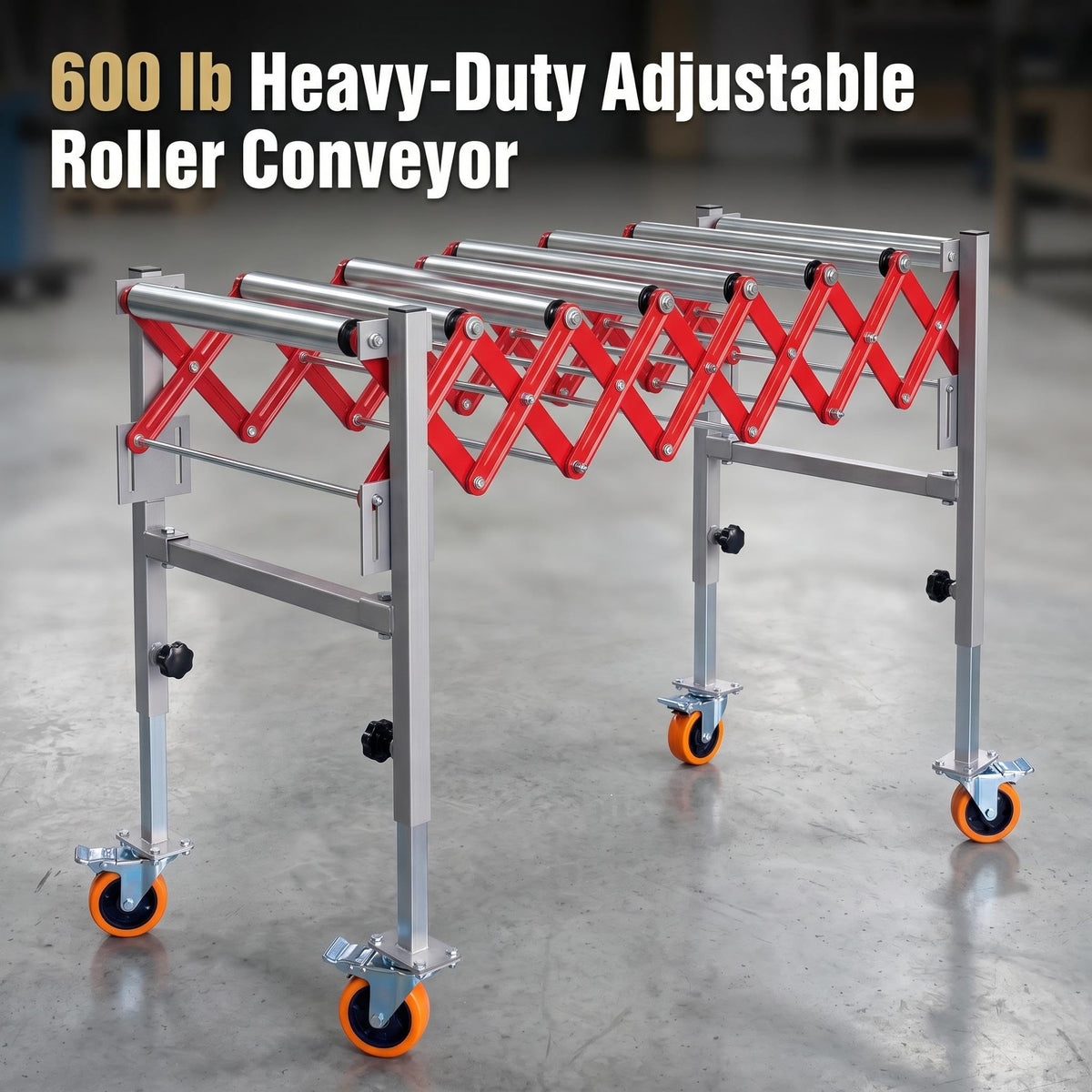600LBS Adjustable Roller Conveyor Table, 16 Inch Wide Expandable Conveyor System, Height Adjustable 27.5"-43", Mobile Support for Warehouse Operations
