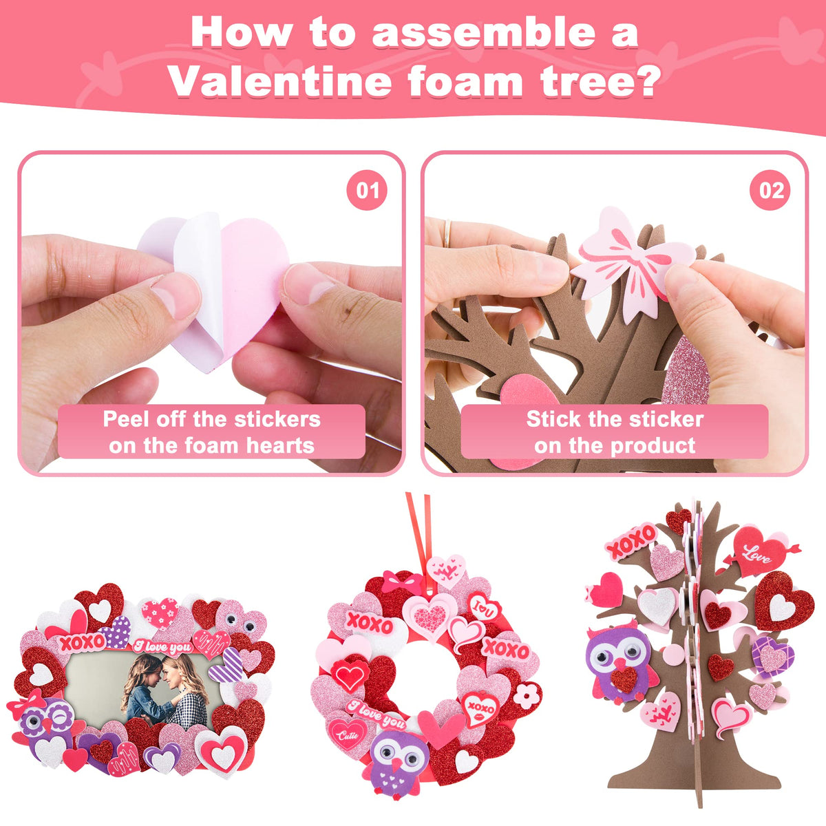 798 Pcs Valentines Day Crafts, 18 Sets DIY Valentines Foam Craft Set, Self Adhesive Glitter Foam Stickers Photo Frames Wreath 3D Love Heart Tree, EVA Foam Stickers Kits for School Home Decor