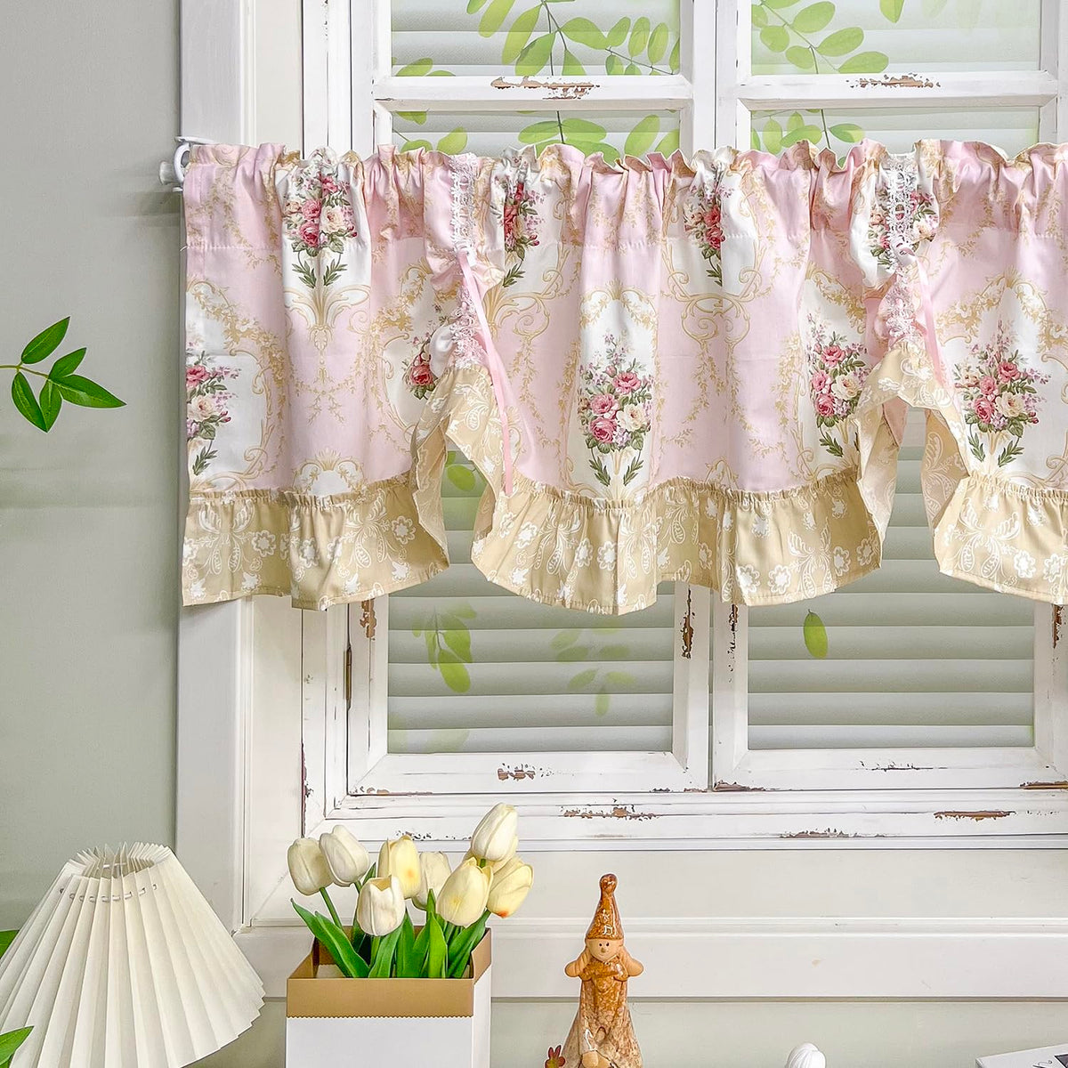 European Floral Tie Up Curtains for Kitchen Adjustable Balloon Shade Window Valance Elegant Cafe Bathroom Dining Room Window Drapes Rod Pocket 1 Panel (W59 X L16 INCH,Pink)