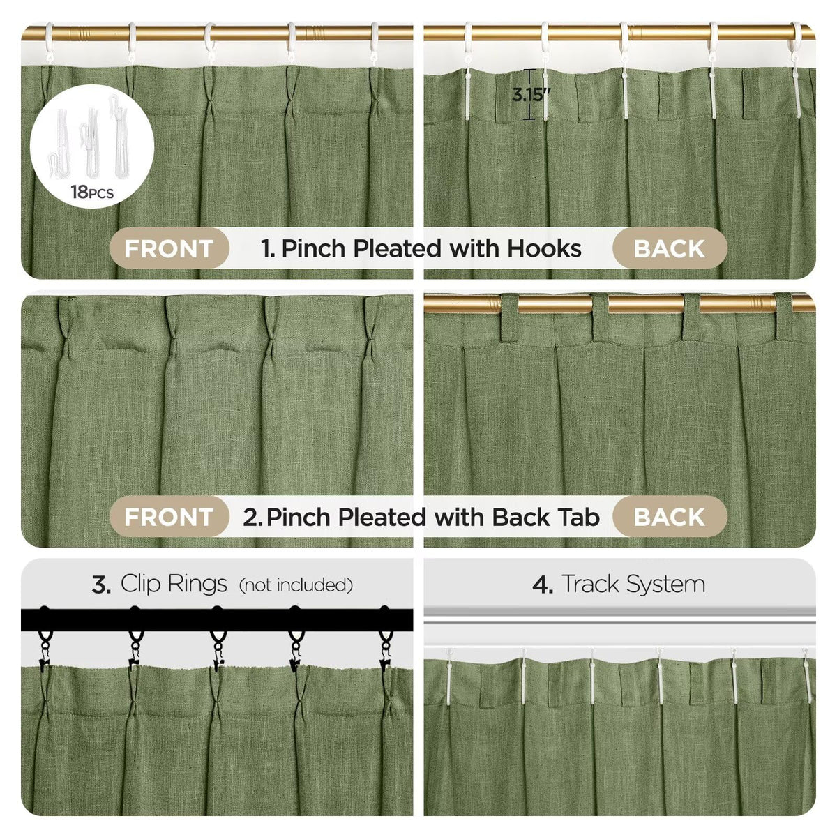 Joydeco Olive Green Pinch Pleated Linen Curtains 84 Inch Long 2 Panel Set for Living Room, Semi Sheer Curtain for Bedroom, Back Tab Light Filtering Drapes with Adjustable Hooks (40”W x84”L)