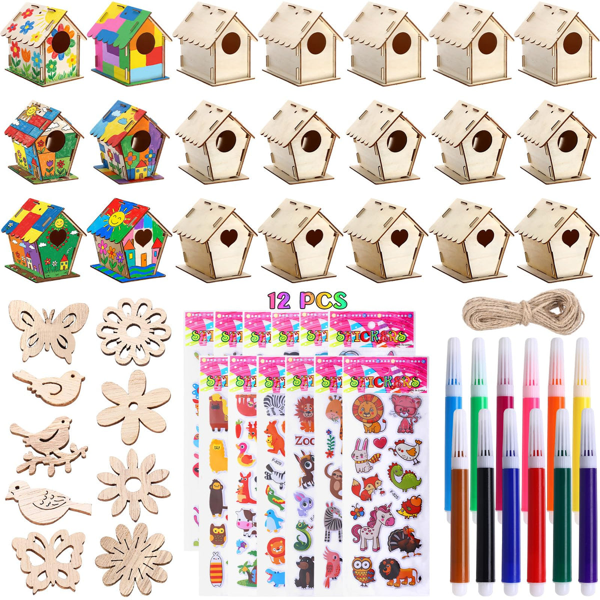 Tuanse 107 Pcs Wooden Birdhouse DIY Kits Includes 21 Unfinished Wood Mini Bird House 24 Watercolor Pen 50 Bird Butterfly Flower Slices 12 Animal Stickers for Adults DIY Craft Making Supplies(Classic)