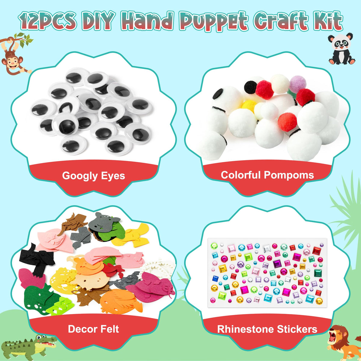 WATINC 12Pcs Hand Puppet Making Kit, Art Craft Felt Sock Puppet Toys, Creative DIY Make Your Own Pompoms Wiggle Googly Eyes Storytelling Role Play Party Supplies Gift for Girls Boys (Farm A Wild A)