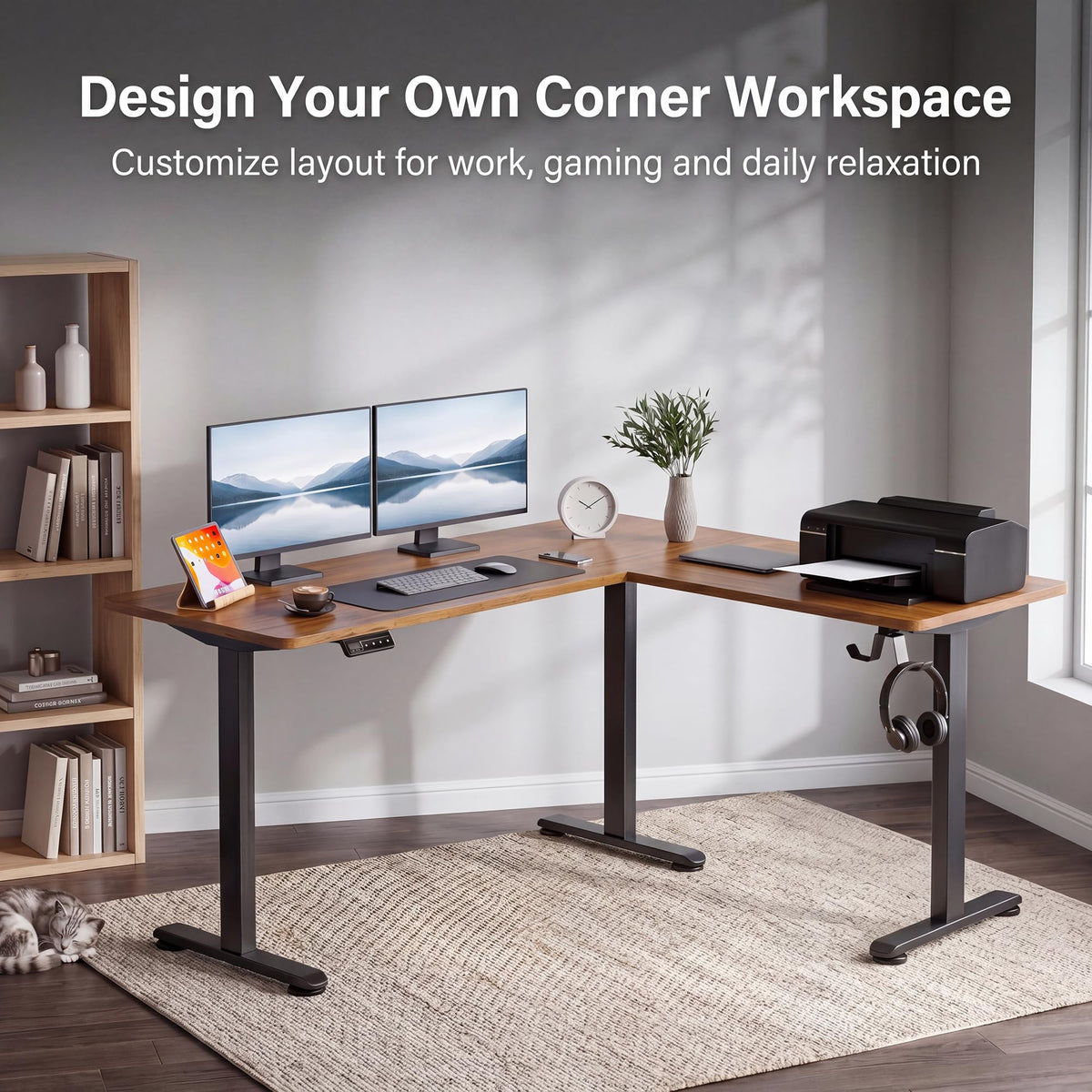 Himimi 63"×55" L Shaped Standing Desk, Height Adjustable Corner Stand Up Desk with Mouse Pad, Sit Stand Corner Desk with Memory Controller for Home Office (Brown)
