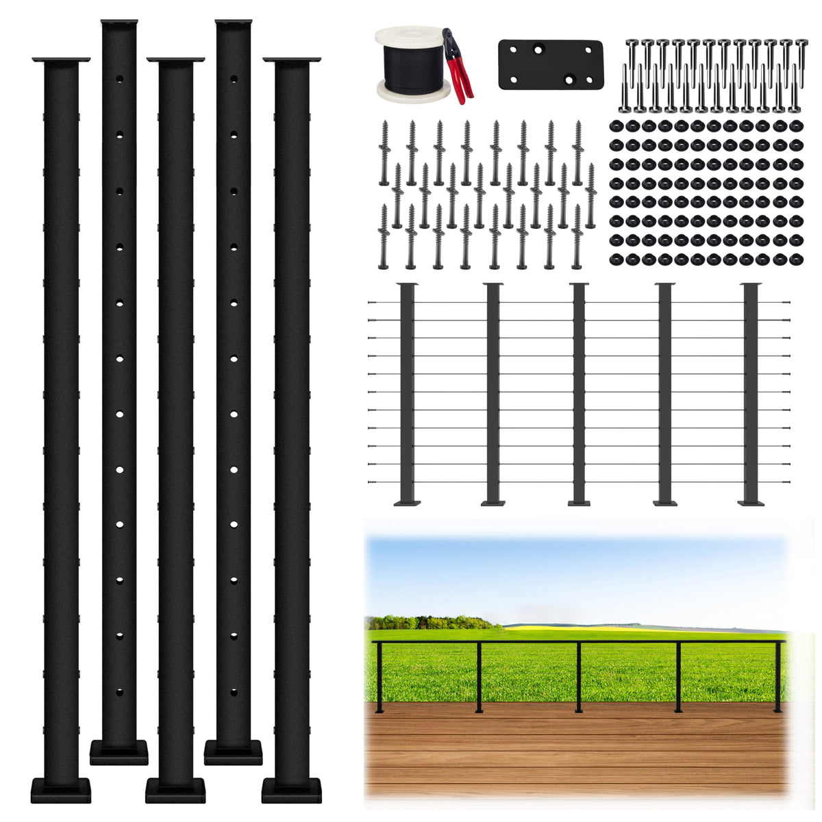 Patavin 20FT 42" Complete Black Cable Railing Post Kit 5 line Post Kit -Cable Railing System for Deck Easy DIY (No Handrail)