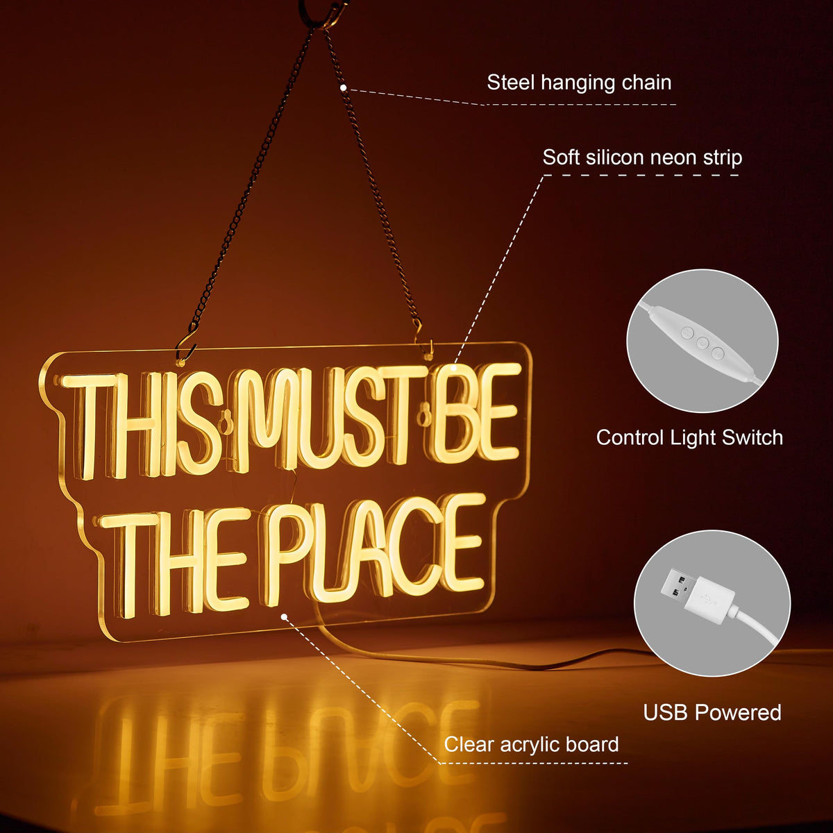 This Must Be The Place Neon Sign for Wall Décor Dimmable LED Neon Light USB Powered Neon Art Signs(Warm White)