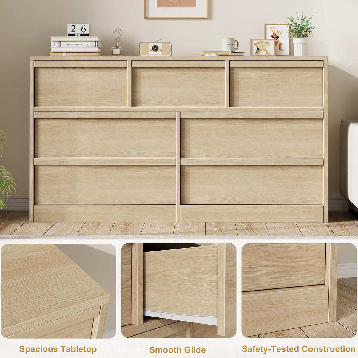 GarveeHome 7 Drawer Dresser for Bedroom, 54in Wide Natural Oak 7 Chest of Drawers with Large Storage, Wooden Dresser Organizer Closet for Living Room, Entryway, Nursery