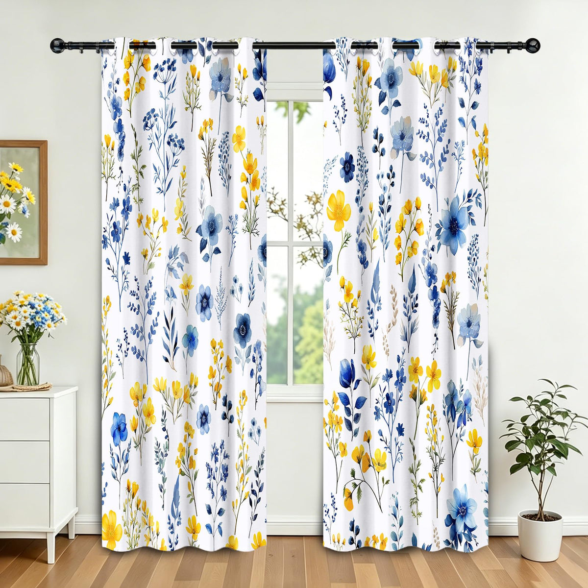 WTQPLNMCB Floral Curtains 84 inch Curtains 2 Panel Set for Living Room Yellow and Blue Darkening Light Blocking Drapes Grommet for Bedroom Bathroom