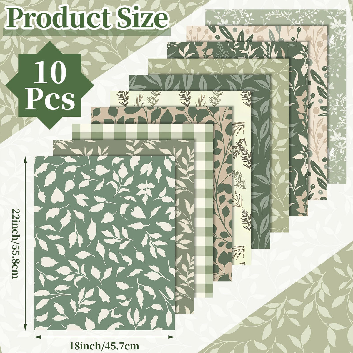 Hahafelt 10 Pcs 18 x 22 Inch Sage Green Fat Quarters Greenery Precut Fabric Bundles Botanical Green Leaves Plaid Flower Quliting Squares Patchwork for Spring Summer DIY Craft Sewing Quilt Material