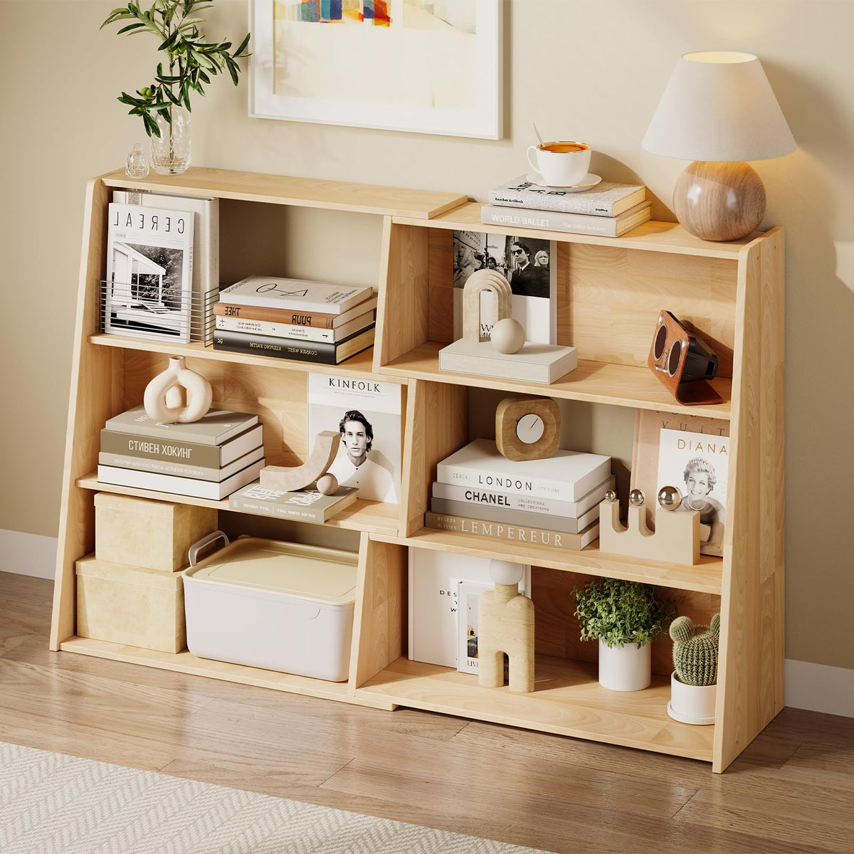 HOTAMO Expandable Solid Wood Bookshelf, 48.35" L x 11.73" D x 31.5" H Extendable Shelf Bookcase with Adjustable Design, Narrow Display Shelf for Bedroom, Living Room, Home Office, Natural Wood