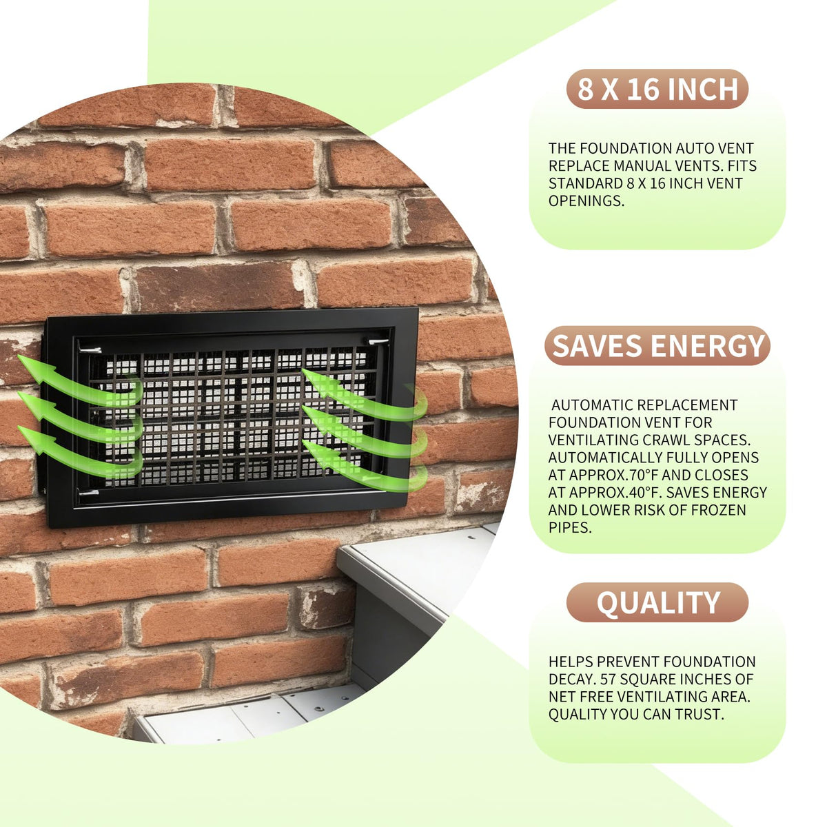 10 Pack 8" x 16" Automatic Foundation Vent for Ventilating Crawl Space Replacement Auto Air Vent, Black