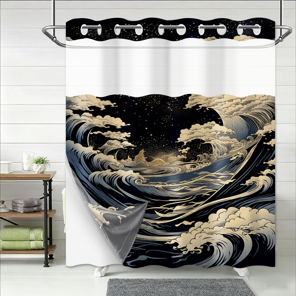 DLTAY Anime Hookless Shower Curtain, Japanese Great Waves, 71" W x 74" L