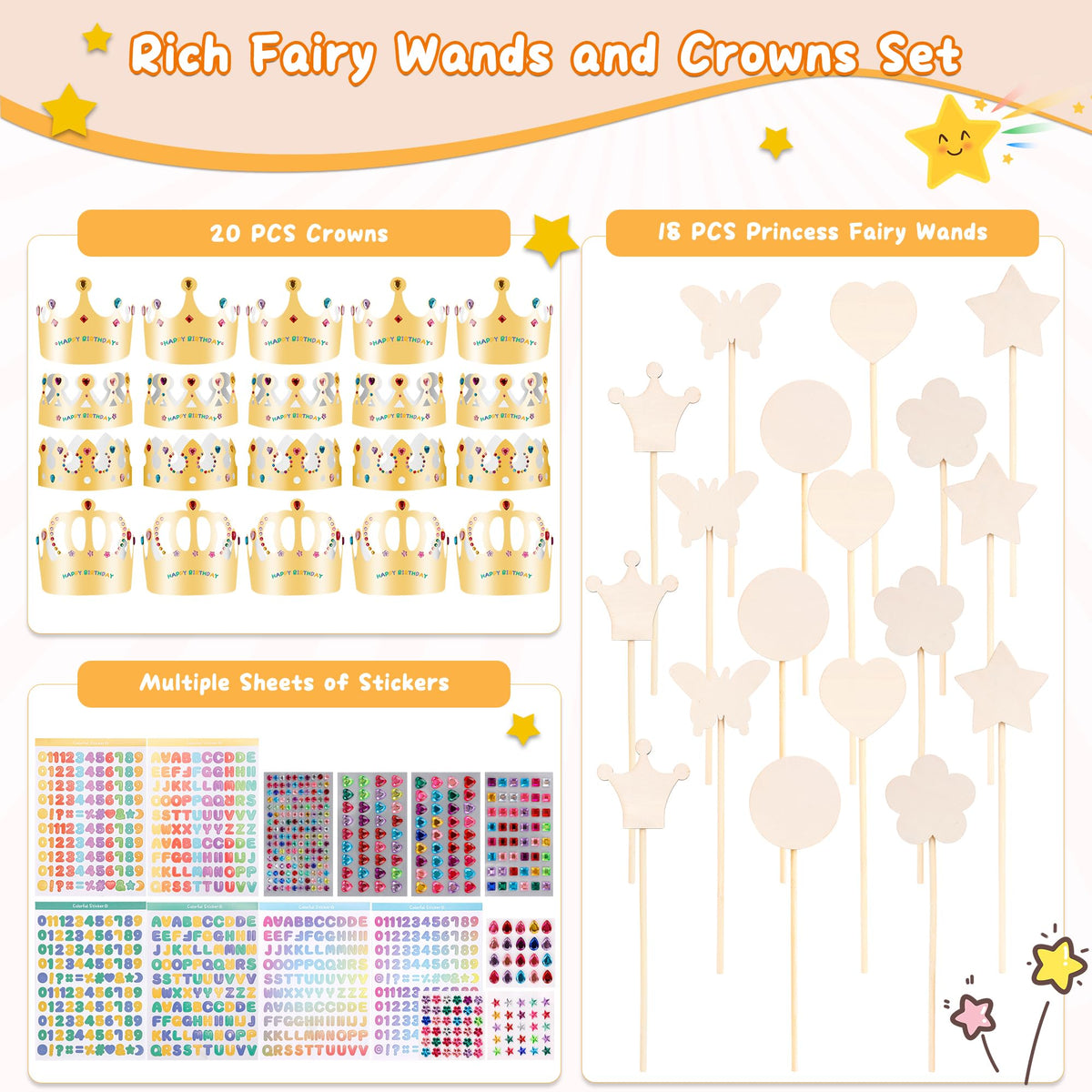 Pllieay Princess Fairy Wands Kit Include 18 Pieces 6 Styles Unfinished Wooden Princess Wand,Gold Paper Crowns, Gem Stickers, Letter and Number Stickers, Princess Art Magical Show for Party Supplies