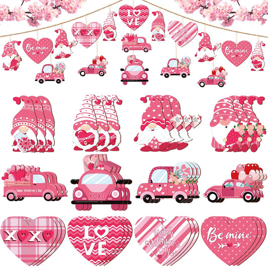 Qunclay 36 Pcs Valentine's Ornaments Valentines Wooden Hanging Gnome Ornaments Pink Romantic Wall Decor Pink Truck Decoration Pickup Truck Decoration for Anniversary