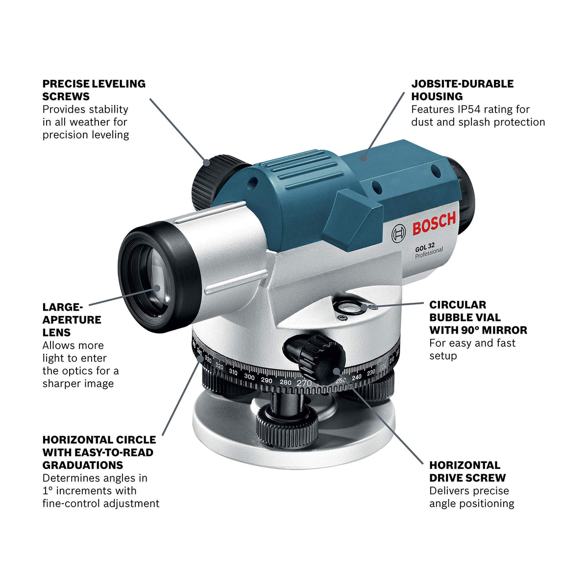 BOSCH GOL 32CK 32X Automatic Optical Level Kit, Includes Aluminum Tripod, Grade Rod, Plumb Bob, Tool Kit, & Carrying Case