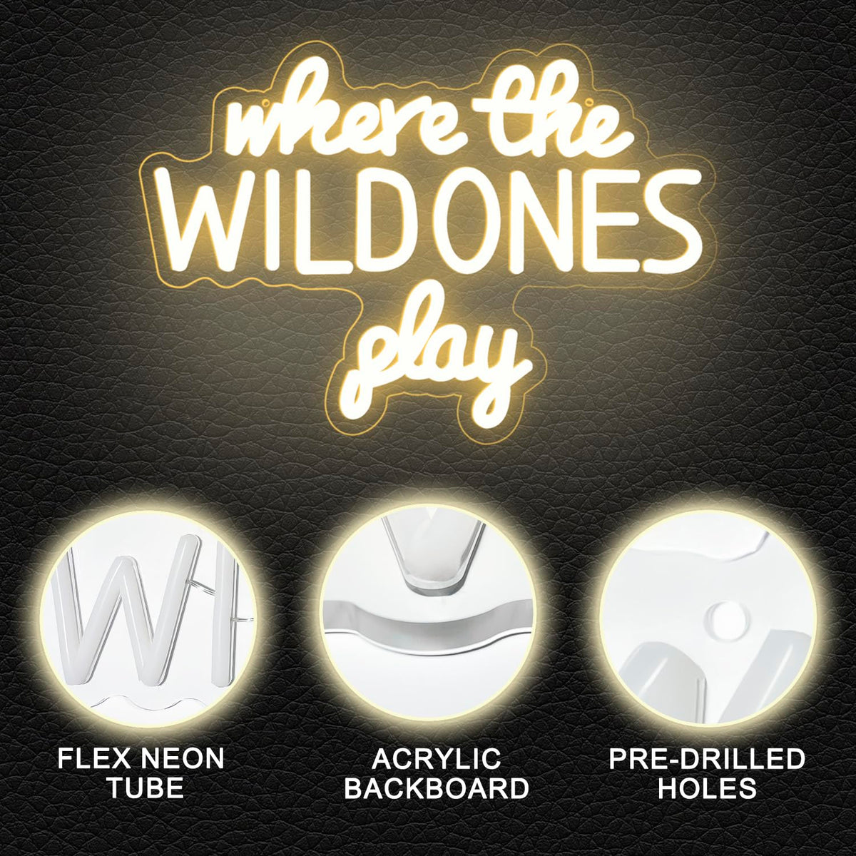 Where the Wild Ones Play Neon Sign Dimmable Neon Signs for Wall Decor Letter LED Signs USB Light Up Sign for Playroom Wall Decor Playroom Decoration Essentials
