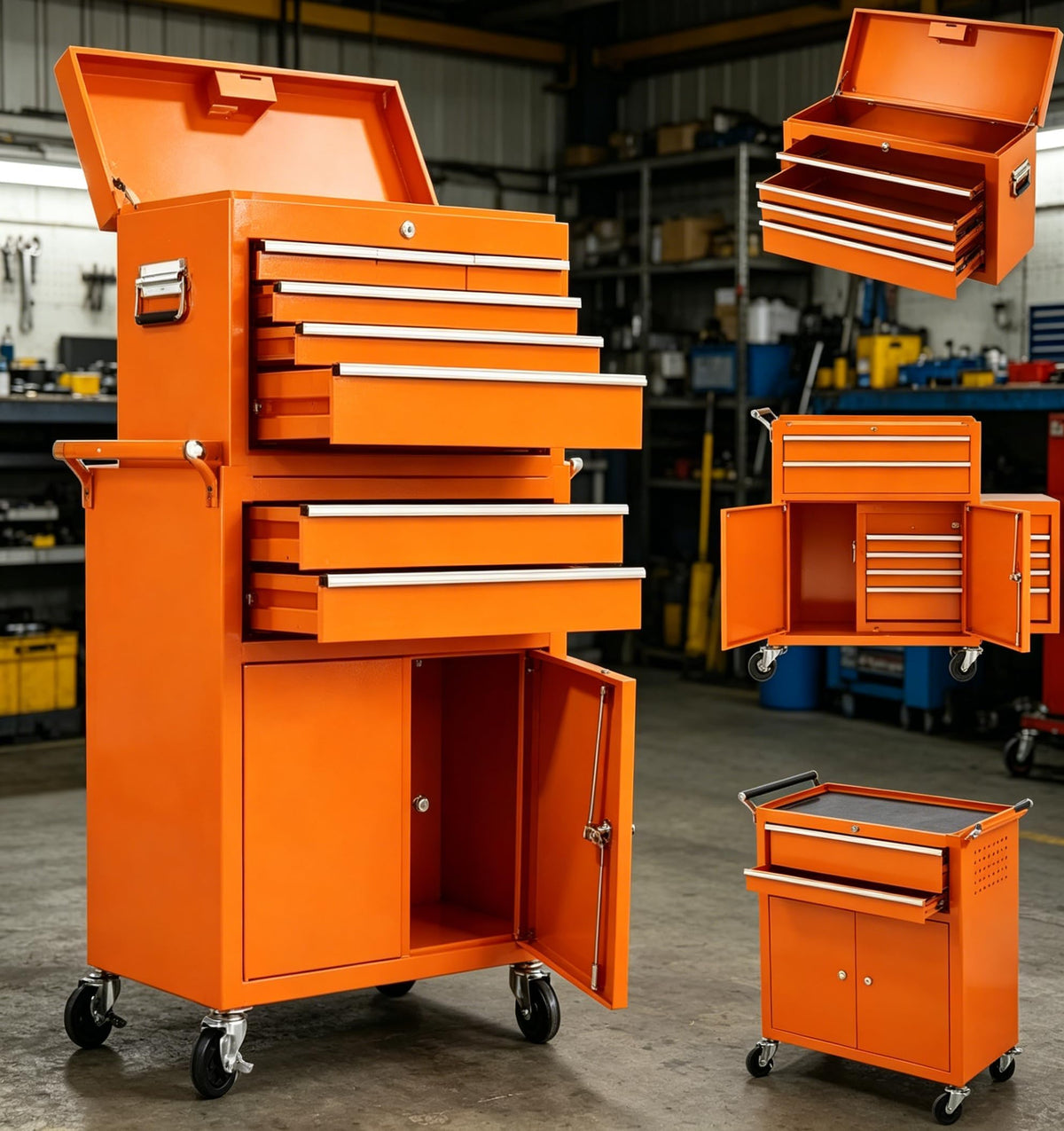 MilleLoom 8 Drawer Tool Chest with Wheels, 2 in 1 Detachable Rolling Tool Box Cabinet, Locking Metal Tool Storage Organizer with Portable Top Chest for Garage Workshop, Orange
