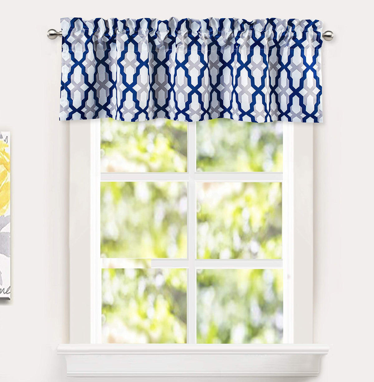 DriftAway Mason Blackout Valances for Windows Thermal Insulated Kitchen Topper Geometric Moroccan Mid Century Pattern Match Thick Bathroom Curtain Valance Rod Pocket 52 Inch by 14 Inch Navy