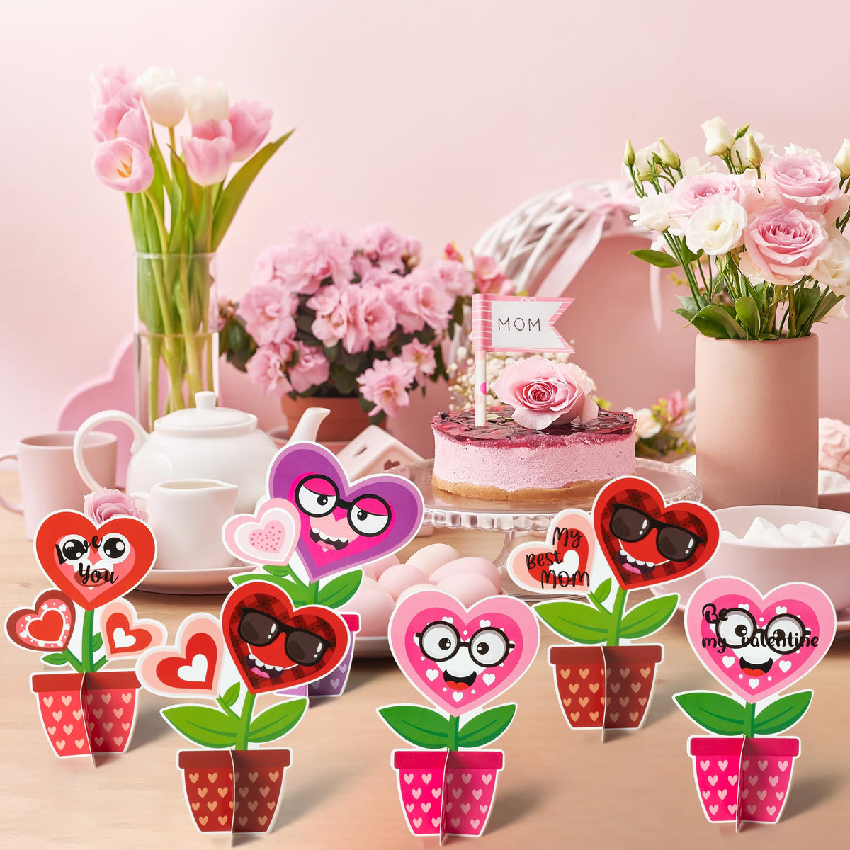 WATINC Valentine‘s Day Flower Craft Kit - 32PCS Make Your Own Heart Flowers Pot Decorations, DIY Valentine Paper Art Supplies with Stickers for Kids Adults, Homeschool Classroom Party Activities Gifts