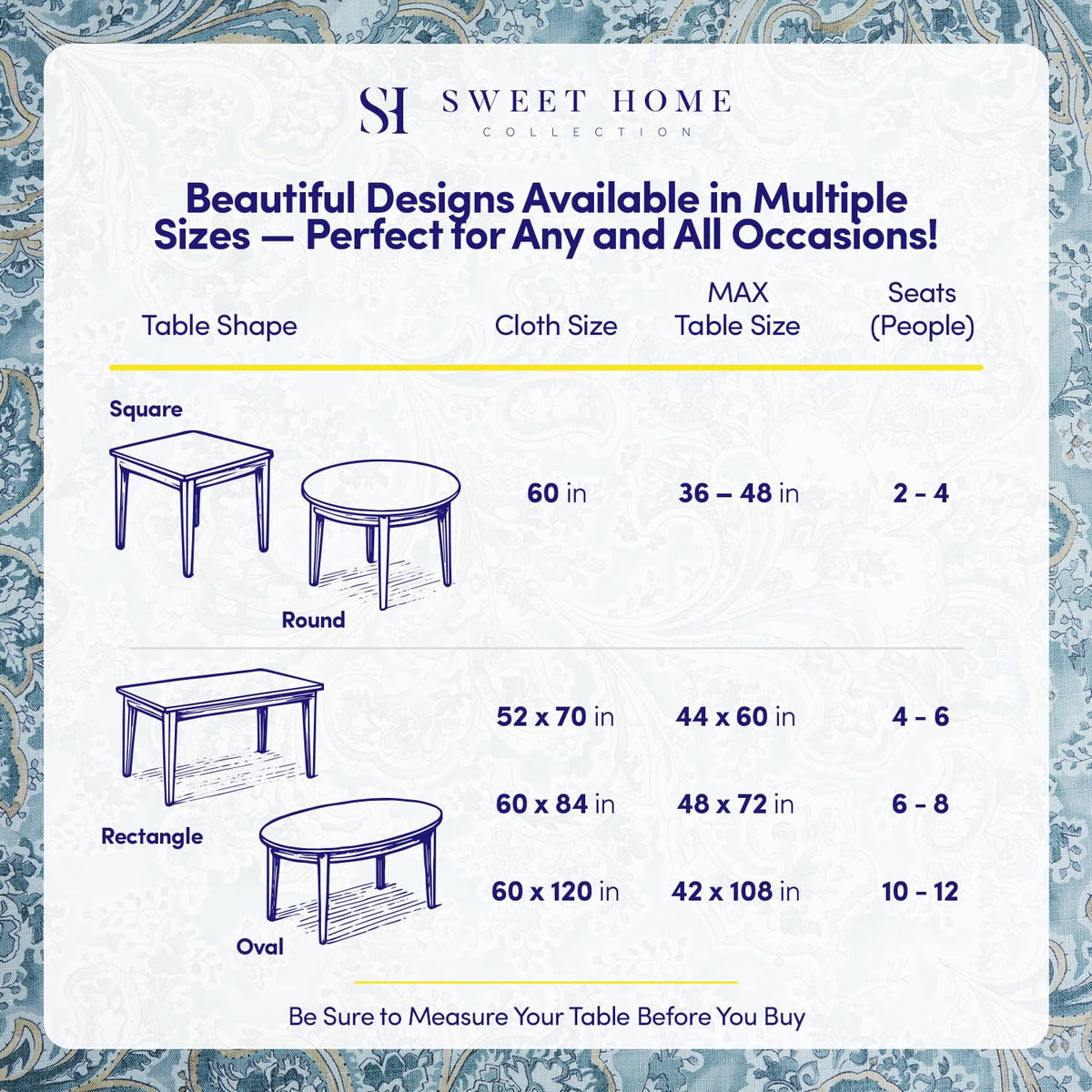 Rectangle Tablecloth 60" x 84" 100% Waterproof Fabric — Wipe-Clean, Tear-Proof Decorative Table Cover for Indoor & Outdoor Dining Elegant Patterns for Kitchens, Dining Rooms, Paisley