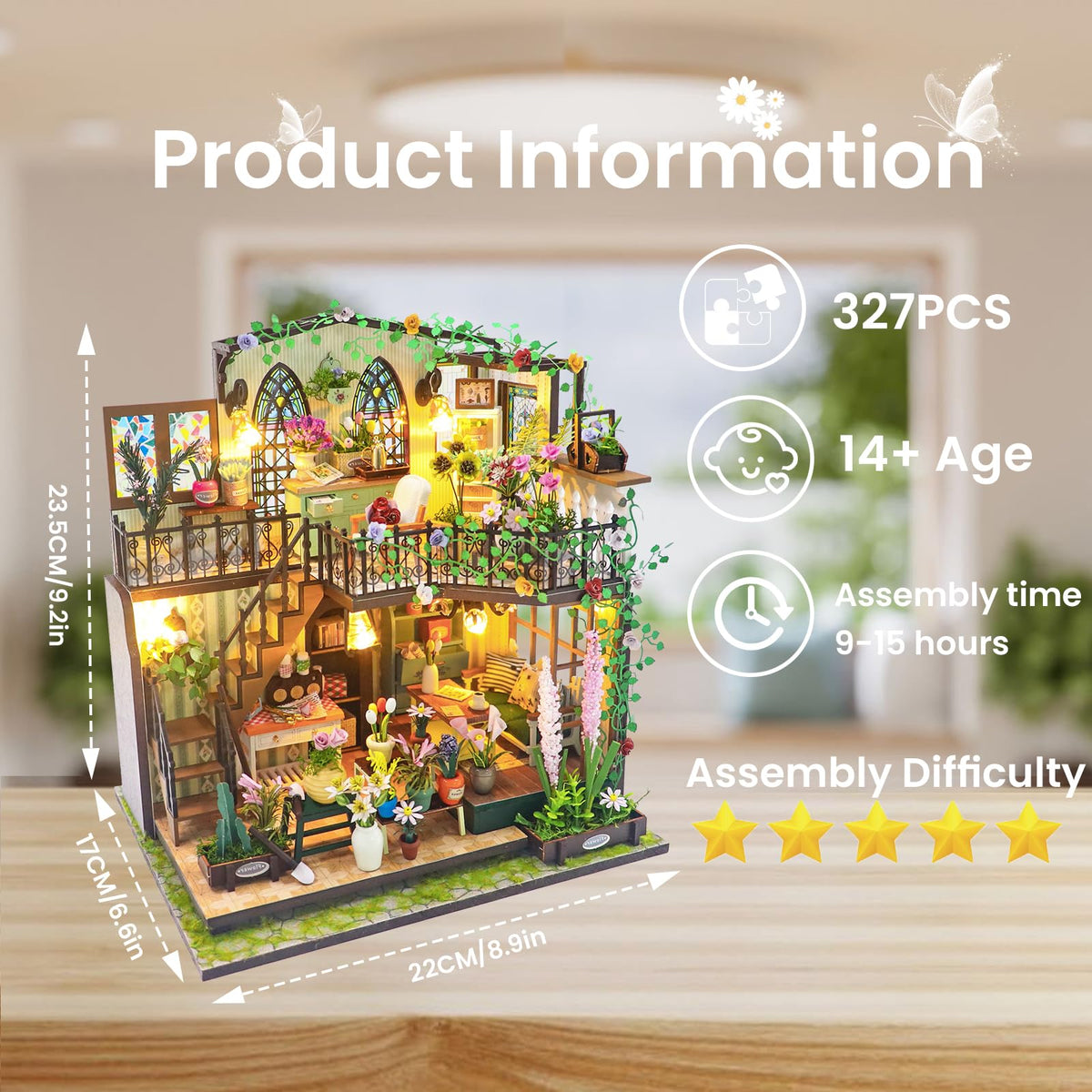 DIY Miniature House Kit, DIY Wooden Garden House with LED Light, Mini House Building Kit with Furniture for Adult Teen, DIY Adult Crafts for Home Decoration, Birthday Gifts for Family, Friends