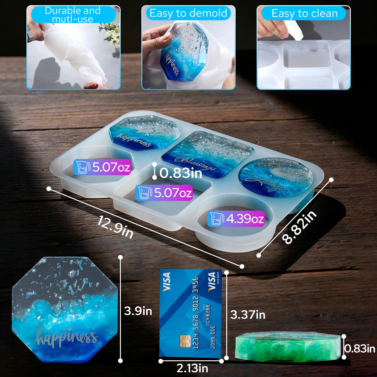 LET'S RESIN Extra Deep Coaster Resin Molds, 6 Cavity Round/Square/Octagon Shape Silicone Molds for Epoxy Resin, Flower Preservation, DIY Art Craft Cup Mats