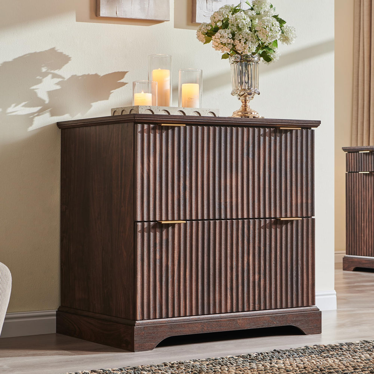 JXQTLINGMU 2 Drawer File Cabinet with Charging Station, 30" Fluted Lateral File Cabinet w/Files Hanging Rod for Letter/Legal/A4, Large Tabletop for Printer, Office Wood Printer Cabinets, Dark Walnut